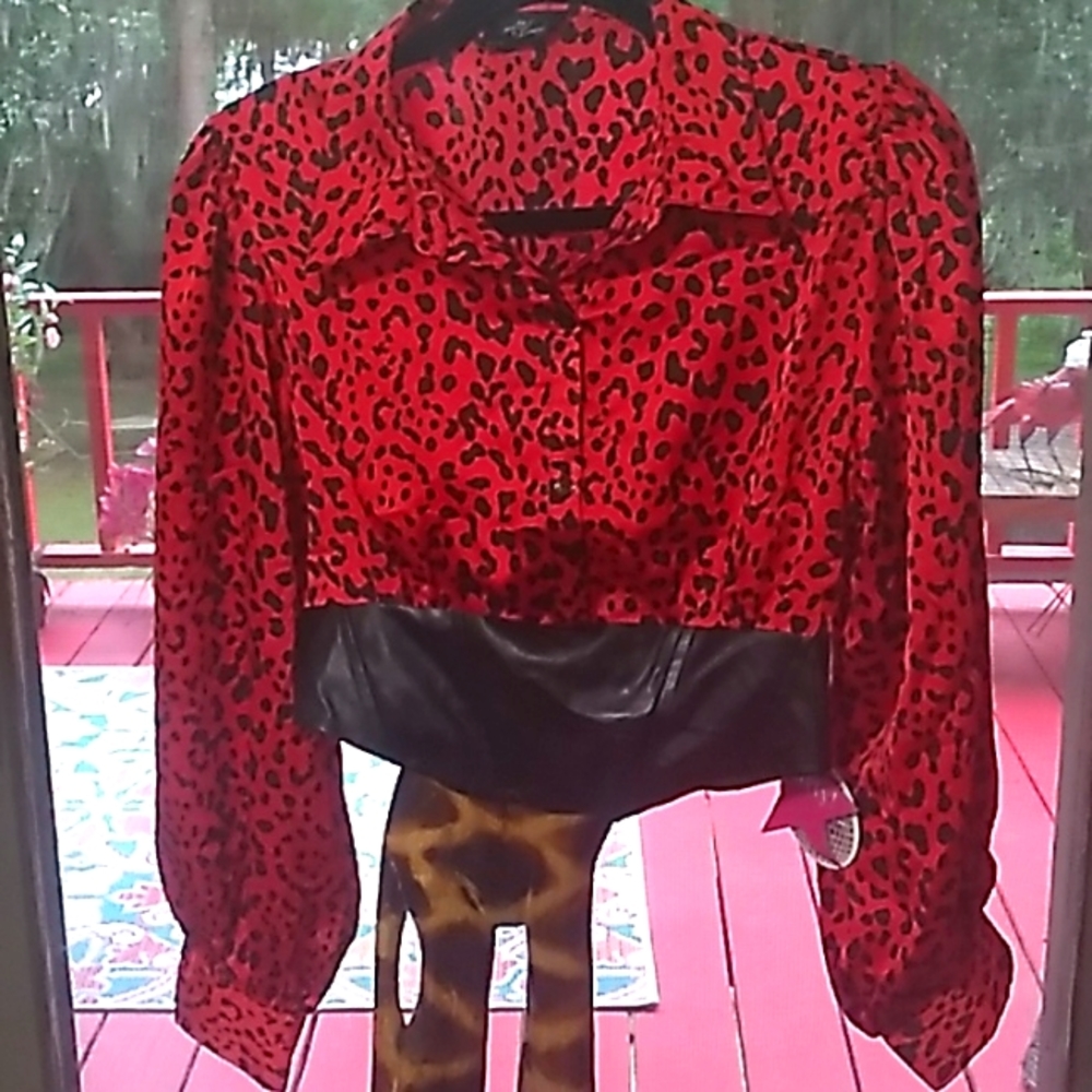 Gorgeous black and red leopard print, long sleeve polyester blouse - size large.